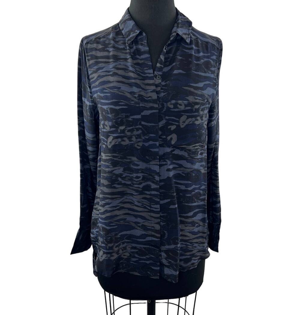 SEED Black Gray 8 Shirt Silk Tiger Print Long Sleeve Button-Up Collar Regular